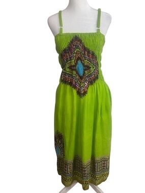 Boho Tribal Print Green Sundress Free Size Poly Rayon DVANCE Apparel India